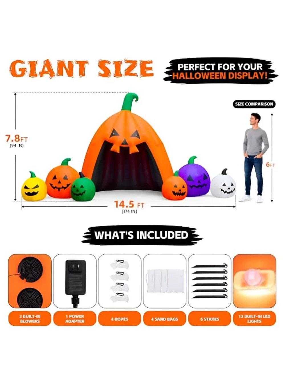 14.5FT Halloween Inflatable Walk-in Pumpkin House with LED Lights